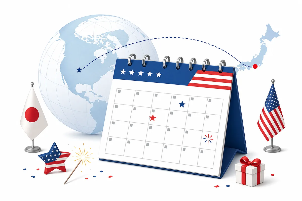 日本とアメリカを結ぶカレンダーで米国の祝日を確認するイメージ