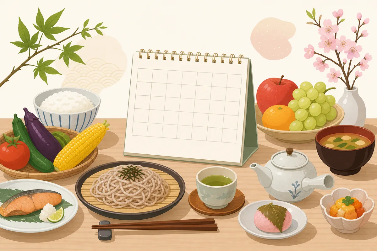 食べ物記念日をカレンダーと季節の食材で探すイメージ